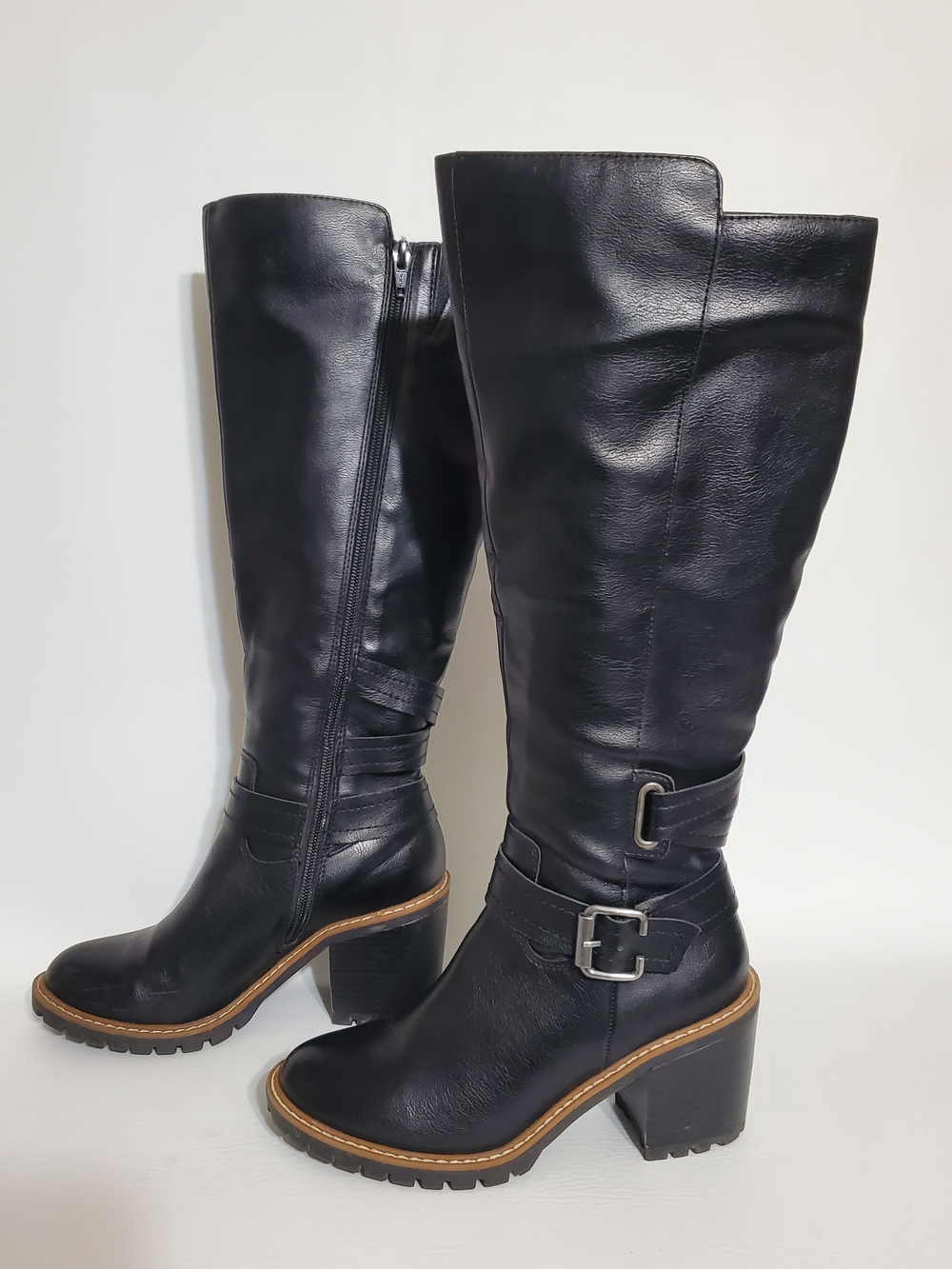 Sun + Stone Black Knee-High Block Heel Boots with Buckle Detail Size 5 - Picture 7 of 10